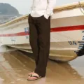 Pantalon de loisirs en lin pour homme coupe ample confortable plage vacances quotidien marron - Café Foncé