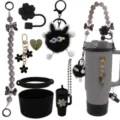 Ensemble d'accessoires pour gourde Stanley avec lanière de perles, pendentif peluche et paille. - Ensemble de 8 pièces bégonia noir
