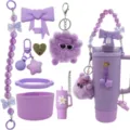 Ensemble d'accessoires pour gourde violette avec paille, chaîne de perles et pompon. - Ensemble de 8 pièces cœur et nœud violet