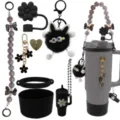 Kit accessoires gourde Stanley pendentif fleur noire lanière perles porte-clés peluche - Ensemble de 8 pièces chrysanthème noir