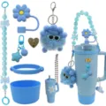 Ensemble d'accessoires tasse bleu avec botte en silicone embout et chaîne de perles. - Ensemble de 8 pièces chrysanthème bleu et jaune