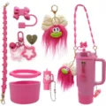 Ensemble d'accessoires de tasse rose avec chaînes de fleurs, embouts et pendentifs en peluche. - Ensemble 8 pièces nœud rose rouge