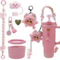 Ensemble d'accessoires pour gourde rose mignon pendentif peluche sangle perles - Ensemble 8 pièces nuage blanc souriant rose