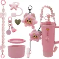 Ensemble d'accessoires tasse Stanley rose avec peluche mignonne, bracelet perles et bouchon paille. - Ensemble de 8 pièces étoile et lune rose