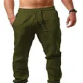 Pantalones casuales de hombre transpirables de algodon y lino verde, corte holgado de verano. - Verde Militar