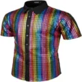 Primer plano del tejido de cuadros con lentejuelas de colores y el cuello negro. - Multicolor