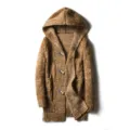 Men mid-length hooded knit cardigan sweater with toggle buttons and pockets, thick casual coat. - M / Khaki
