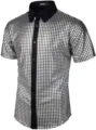 Men's metallic silver sequin short sleeve button down shirt with black lapel collar. - S / Tops