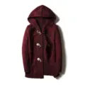 Men's thick hooded knitted cardigan with horn buttons, casual winter outerwear style. - M / Burgundy