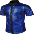 Men's shiny blue sequin short sleeve button up shirt with contrast black lapel party clubwear. - S / Tops