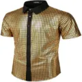 Detailed view of men short sleeve sequin shirt golden grid fabric black lapel party. - S / Tops