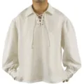 Renaissance vintage men shirt detail showing lace-up V-neck and bishop sleeves design. - S / Medieval White Shirt