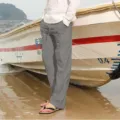 Pantalon de lin de loisirs pour homme droit avec cordon plage extérieure vue principale - Gris clair