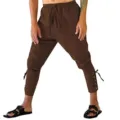 Men medieval retro pirate pants brown lace-up cropped trousers casual loose cosplay costume - M / Brown