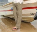 Men Casual Linen Trousers Loose Fit Drawstring Beach Pants Summer Lightweight Trousers - S / Khaki