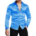 Men's bright blue satin long sleeve dress shirt with classic turn-down collar and buttons. - S / Tops / Sky Blue