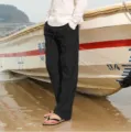 Men's casual linen trousers, comfortable loose fit long pants for summer beach and daily wear. - S / Black