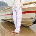 Men's casual linen pants white, comfortable drawstring summer beach trousers for daily wear. - S / White