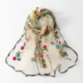 Exquisite floral embroidered sheer scarf detail, lightweight polyester shawl for women's stylish wear. - Light Yellow