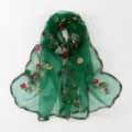 Green embroidered sheer scarf, lightweight breathable floral shawl, elegant travel accessory. - Green