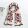 Foulard long transparent en nylon brode leger avec des motifs de fleurs roses pour femmes. - Blanc Cassé / 180*60cm