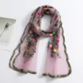 Elegant purple sheer embroidered long scarf with colorful floral design and lace edge. - Leather Red / 180*60cm