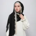 Hiyab de gasa negra con encaje floral, pañuelo versátil para mujer de estilo étnico. - 1# Negro