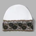 Detail view of women white beanie hat with black lace gold beaded floral trim decoration. - One Size / White