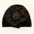 Detailed close-up view of the sparkling rhinestone and stud pattern on the black turban hat. - One Size / Black