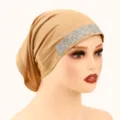 Women Rhinestone Wave Elastic Hijab Cap Muslim Inner Cap Khaki Fashion Muslim Headwear Dress - One Size / Camel