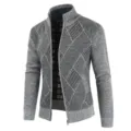 Close-up of men's knit cardigan featuring geometric diamond pattern, high collar, and front zipper. - M / Light Gray