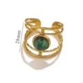 Elegant vintage gold-plated titanium steel open ring with natural green stone inlay - Granite Jasper / 28mm Height