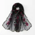 Foulard transparent noir femme broderie florale châle de voyage léger élégant et respirant chic - Noir