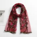 Femme foulard long en nylon brodé châle transparent avec des fleurs pour voyage - Bordeaux / 180*60cm