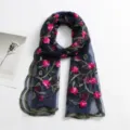 Foulard long brodé à fleurs bleu marine transparent, châle de voyage léger pour femme. - Bleu Marine / 180*60cm