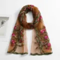 Brown sheer nylon embroidered long scarf, lightweight floral pattern fashion shawl. - Coffee / 180*60cm