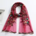 Women floral embroidered sheer scarf lightweight long wrap breathable shawl for travel daily wear - Rose Red / 180*60cm
