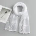 White nylon sheer embroidered long scarf, lightweight floral lace shawl for women travel summer. - White / 180*60cm