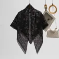 Elegant black floral printed square scarf, versatile lightweight veil shawl for women daily wear. - Black