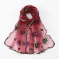 Women's sheer embroidered long scarf, lightweight breathable floral wrap shawl for travel. - Burgundy / 180*60cm
