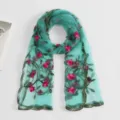Green sheer mesh scarf with pink floral embroidery, lightweight and elegant for travel. - Sky Blue / 180*60cm
