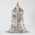 Floral embroidered sheer nylon long scarf lightweight breathable elegant women wrap shawl - Beige / 180*60cm