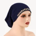 Femme coton mercerisé strass bonnet design géométrique hijab sous-foulard respirant confort - Taille unique / 3# Bleu Marine