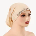 Detailed view of women's beige mercerized cotton inner hijab cap with sparkling rhinestone band. - One Size / 6# Beige