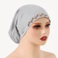 Grey mercerized cotton inner hijab cap with geometric rhinestones, stylish and comfortable. - One Size / Light Grey