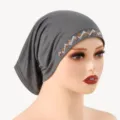 Women's grey mercerized cotton cap with rhinestones, stylish and comfortable hijab. - One Size / Deep Gray