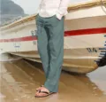 Pantalon de loisirs en lin pour homme, coupe amples, pantalon de plage d'été. - Vert Haricot