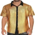 Camicia uomo paillettes oro disco maniche corte bottoni costume festa anni 70 nuova - Giallo