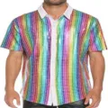 Men shiny rainbow sequin short sleeve button down shirt for disco party cosplay costume - S / Tops / Light Striped