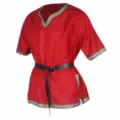 Close-up detail of medieval renaissance red short sleeve V-neck costume tunic with belt. - S / Tops / Red